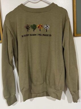 Olive Green Crewneck Sweatshirt with Seasonal Tree Embroidery